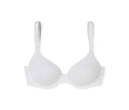 Soutien-gorge blanc rembourré avec bretelles sur fond blanc.