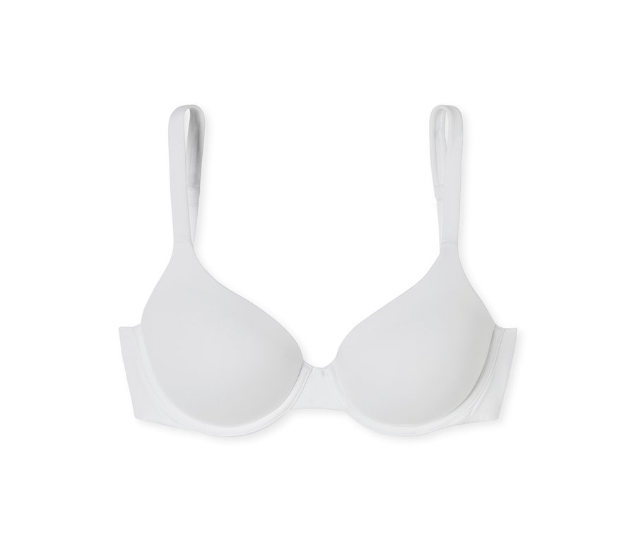 Soutien-gorge blanc rembourré avec bretelles sur fond blanc.