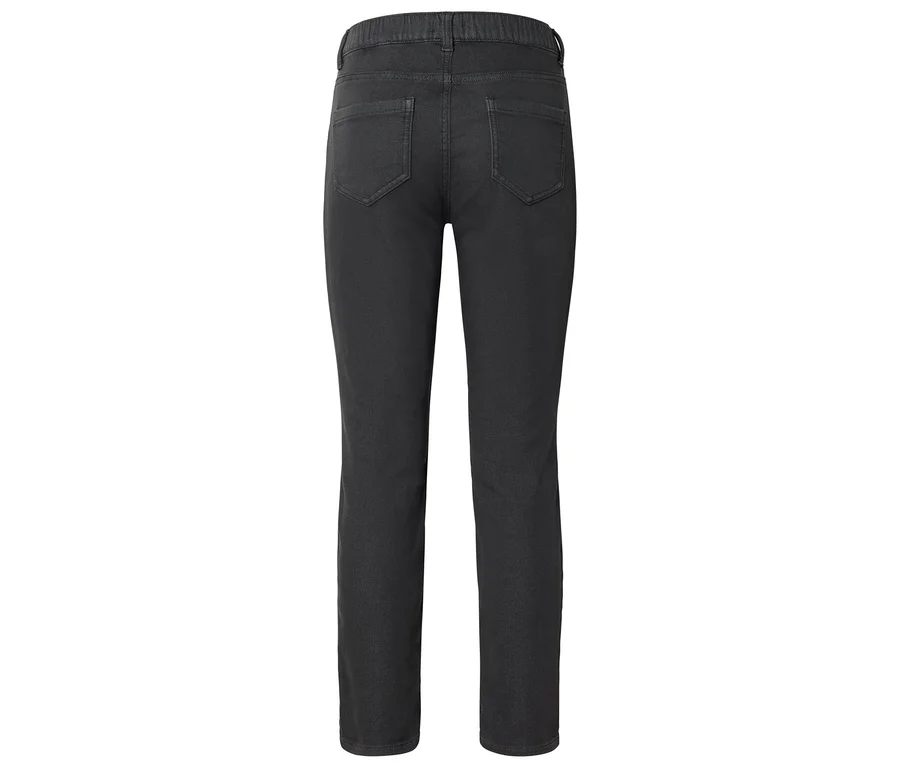 Vue de dos d'un jean noir à coupe droite, avec des poches arrière et une taille élastique.