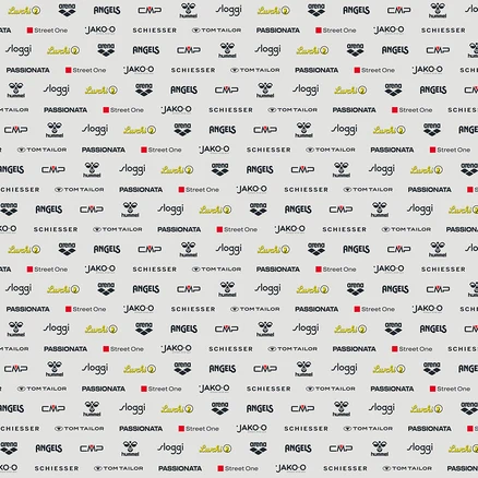 Un motif répétitif de divers logos de marques, dont Arena, Angels, CMP, Hummel, Sloggi, Lurchi, Passionata, Street One, Jako-o, Schiesser et Tom Tailor.