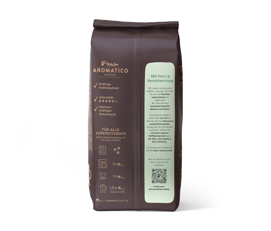 Un paquet de café en grains Aromatico Intenso – 1 kg de Tchibo est présenté verticalement.