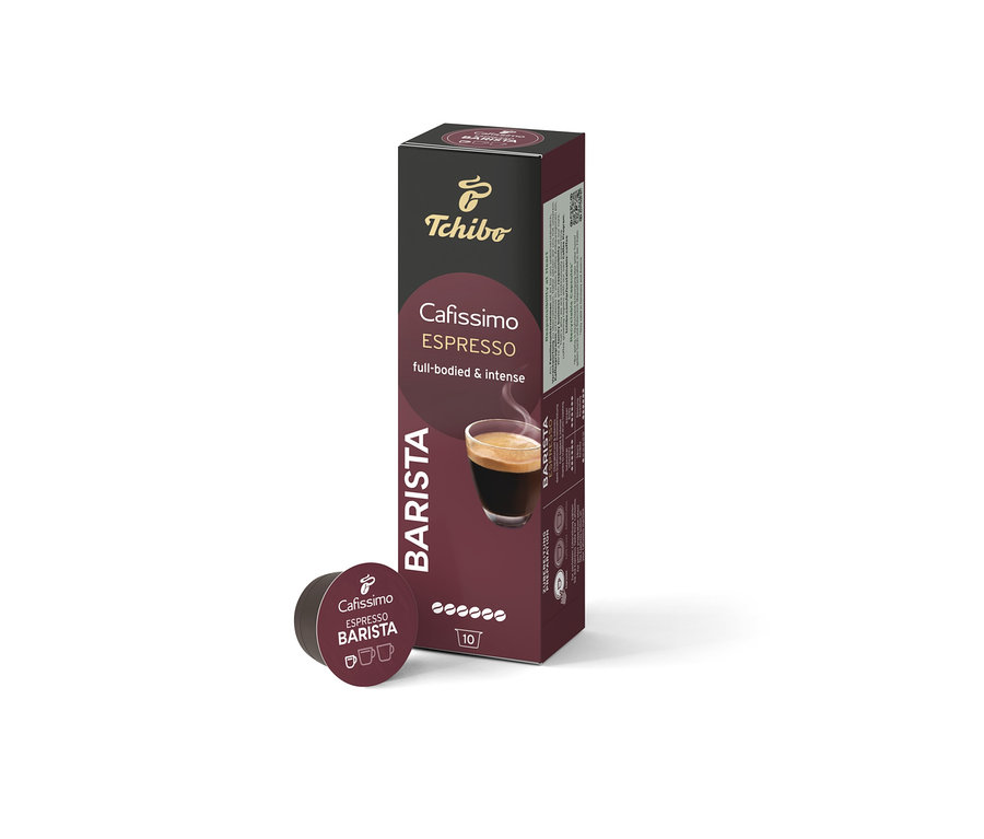 Un paquet de 10 capsules Cafissimo Barista Espresso et une capsule individuelle à côté du paquet.