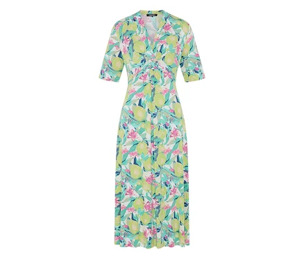 Robe en jersey Olsen longue avec col en V, manches courtes et motif de fruits d'agrumes verts, fleurs roses et feuilles bleues.
