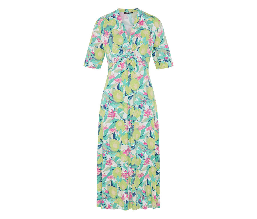 Robe en jersey Olsen longue avec col en V, manches courtes et motif de fruits d'agrumes verts, fleurs roses et feuilles bleues.