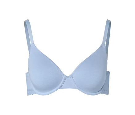 Soutien-gorge bleu clair à armatures et bretelles réglables sur fond blanc.