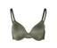 Gros plan d'un soutien-gorge vert olive à armatures et dentelle.