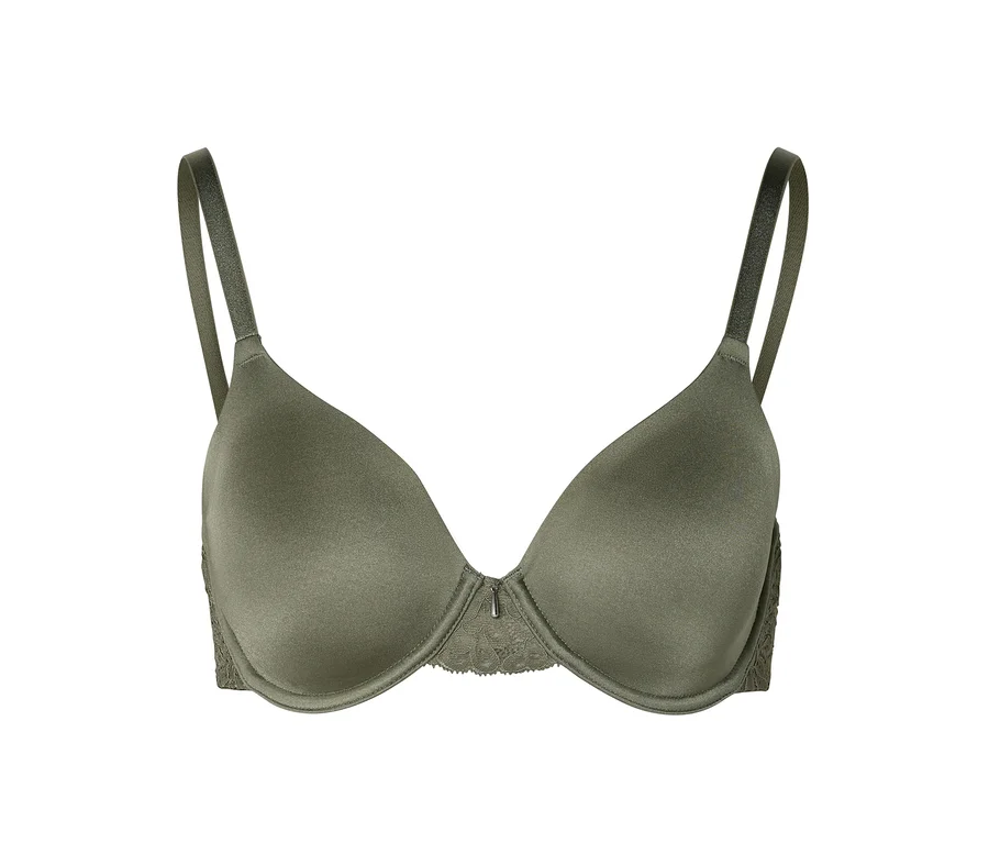 Gros plan d'un soutien-gorge vert olive à armatures et dentelle.