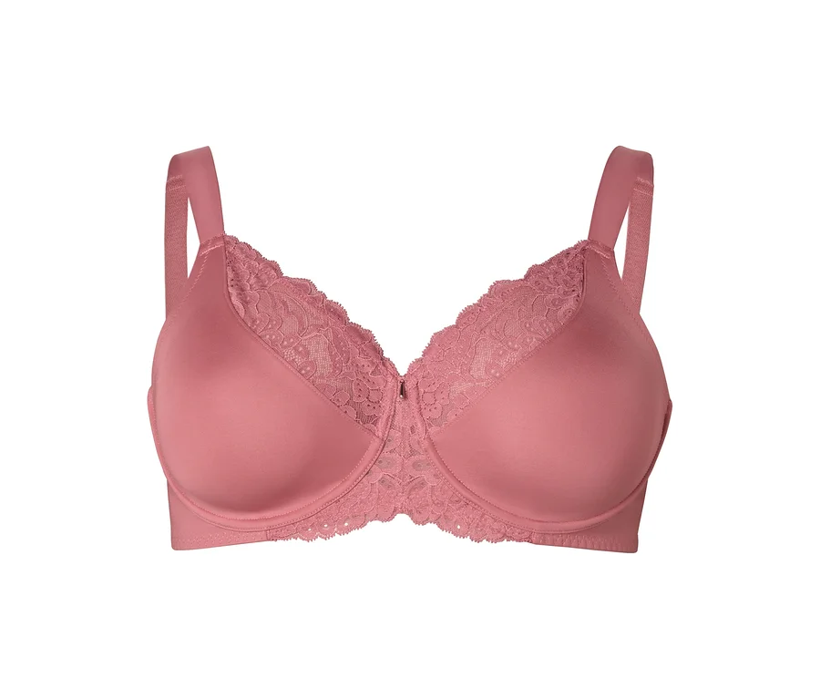 Soutien-gorge rose avec larges bretelles et dentelle sur le haut des bonnets.