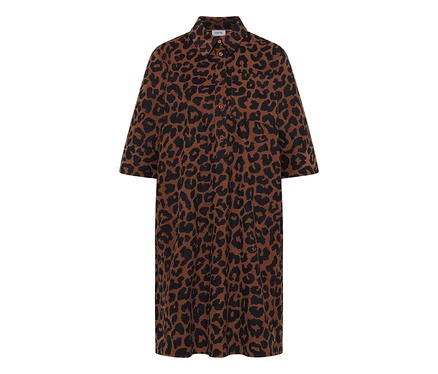 Robe en velours côtelé CECIL marron avec motif léopard noir, col et manches 3/4.