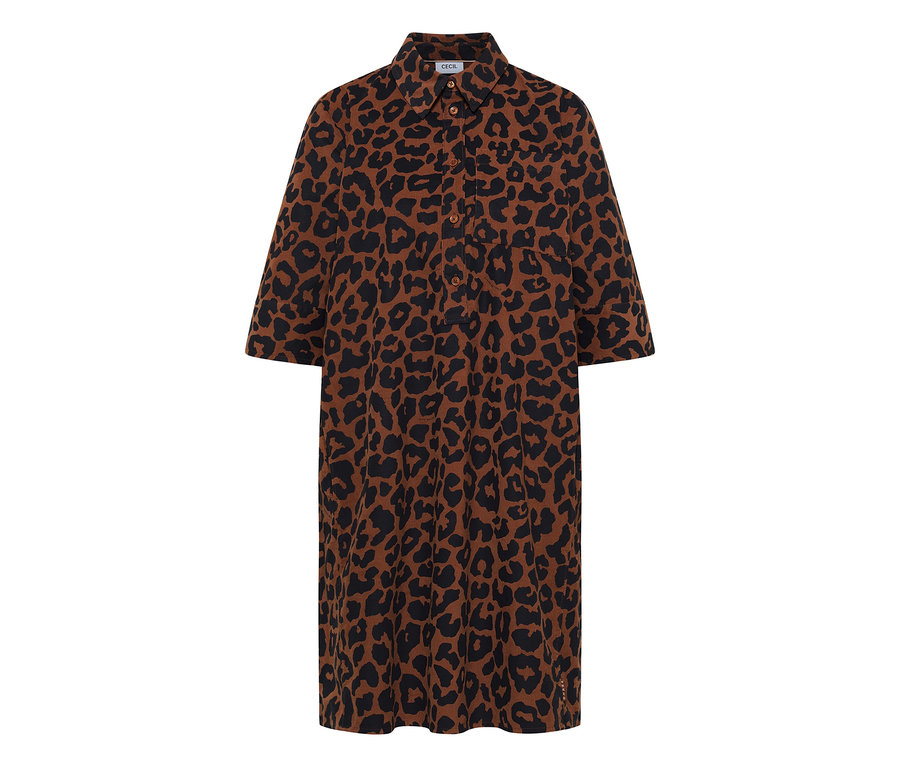 Robe en velours côtelé CECIL marron avec motif léopard noir, col et manches 3/4.