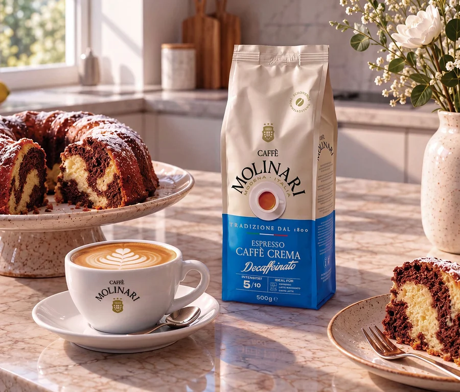 Un gâteau marbré avec une part coupée sur une assiette, une tasse de café avec du latte art et un paquet de café Caffè Molinari Espresso Caffè Crema Decaffeinato sur un comptoir en marbre. Un vase de fleurs blanches est en arrière-plan.