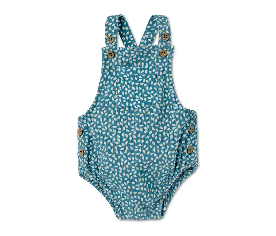 Grenouillère bleue en velours côtelé avec motif de feuilles blanches et boutons marron.