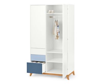 Structure blanche<br>Tiroirs 1x blanc, 1x bleu, 1x bleu foncé<br>Piètement en chêne naturel
