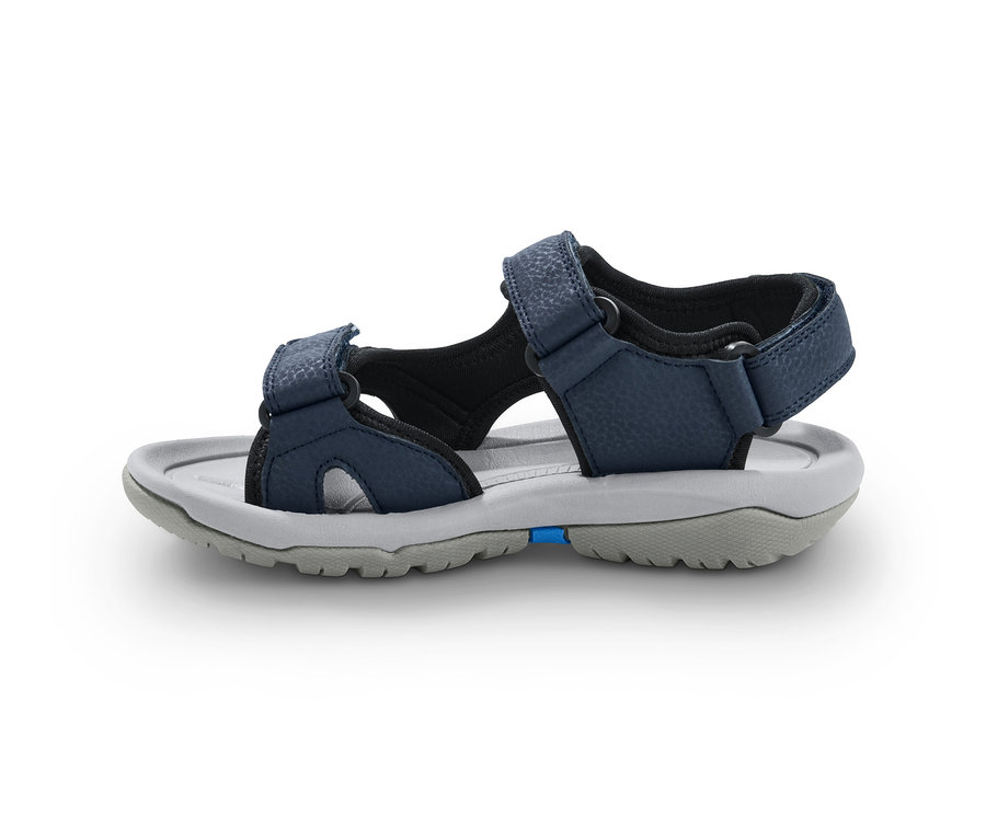 Sandales de trekking bleues avec brides réglables et semelle grise.