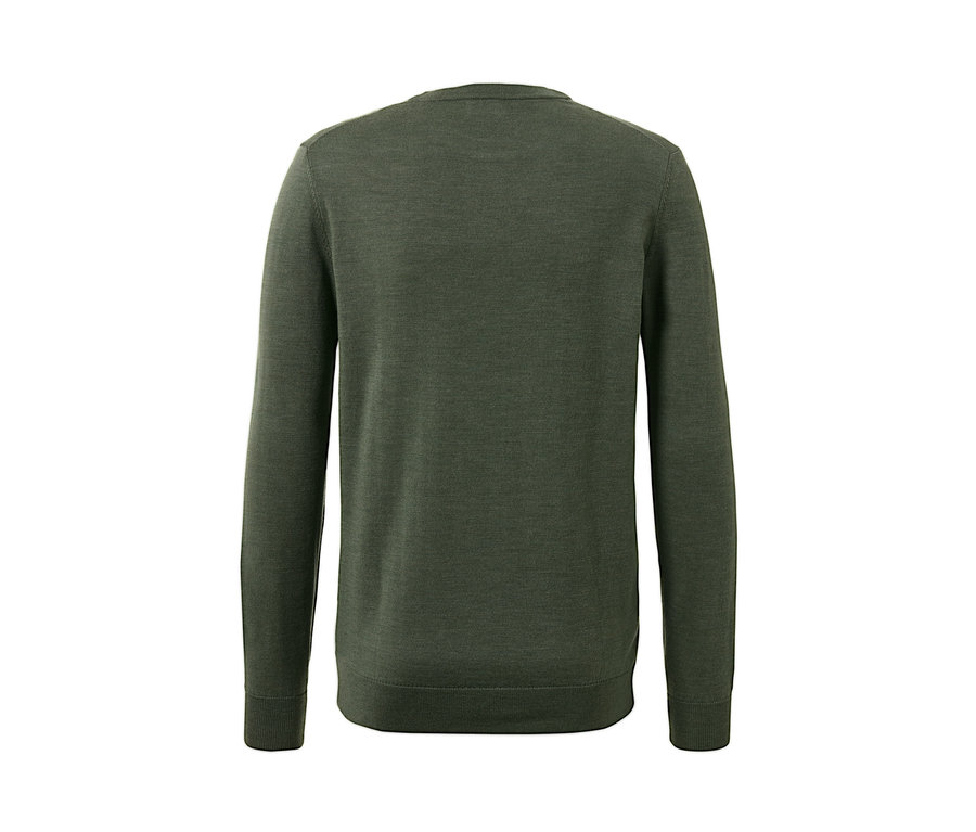 Pull en mérinos kaki vu de dos.