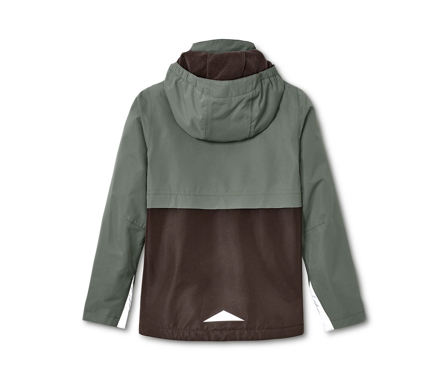 Vue détaillée de l'arrière d'une veste pour tous les temps, de couleur vert-gris sur le haut et marron sur le bas.