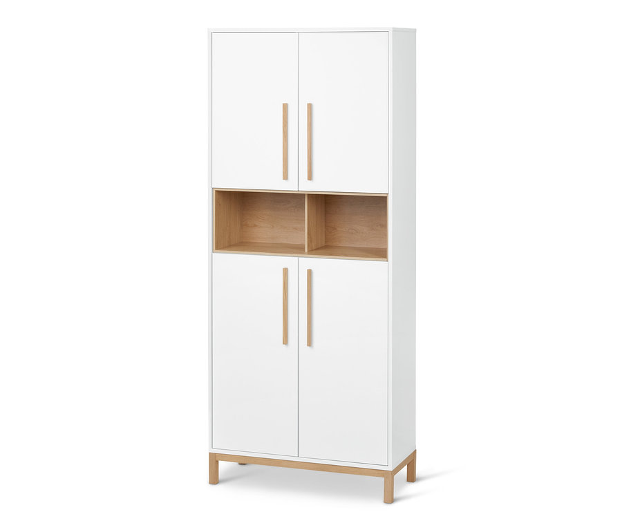 Une armoire haute de salle de bain «	Eklund	» blanche avec quatre portes et un compartiment ouvert au milieu.