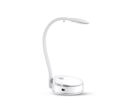 Lampe de lecture à LED blanche avec bras incurvé et base ronde.