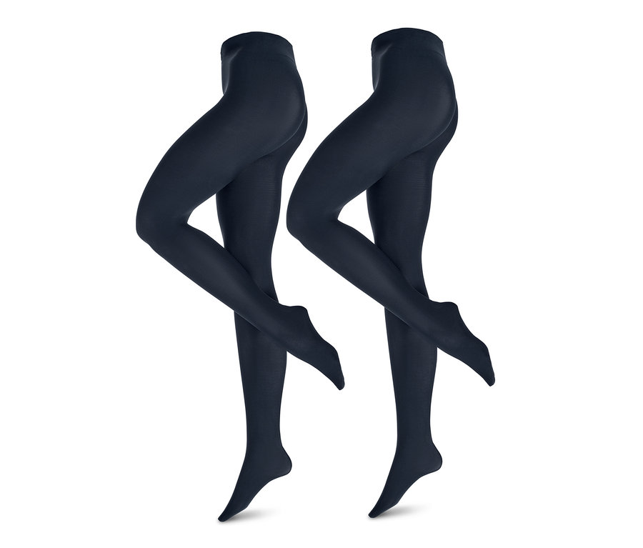 Deux paires de collants opaques bleu foncé.