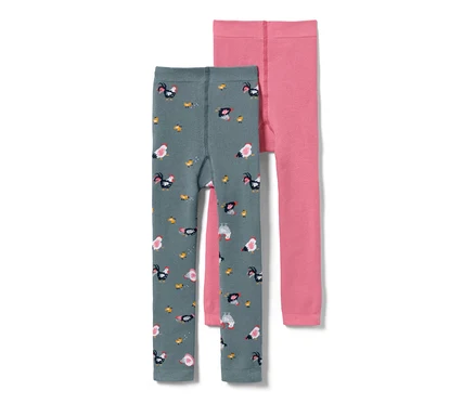 Deux leggings thermiques pour enfant : un gris avec motif de poulet, un rose.