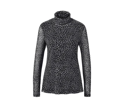 Chemisier noir à pois blancs avec col roulé en mesh.