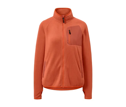 Veste en polaire orange avec fermeture éclair sur le devant.