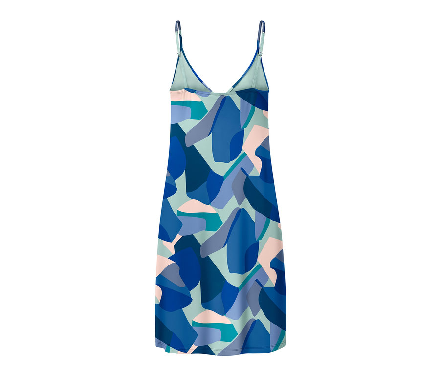 Nuisette bleue à bretelles avec un motif abstrait.