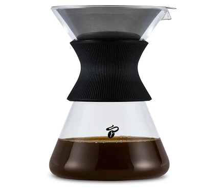 Une carafe en verre BEEM Pour Over, 0,75 l avec filtre et café.