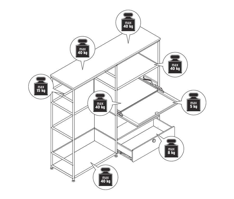 Schéma d'une commode en métal blanc «
CN3
» avec plateau en bois, 1 tringle à vêtements, 1 abattant et 3 tiroirs.