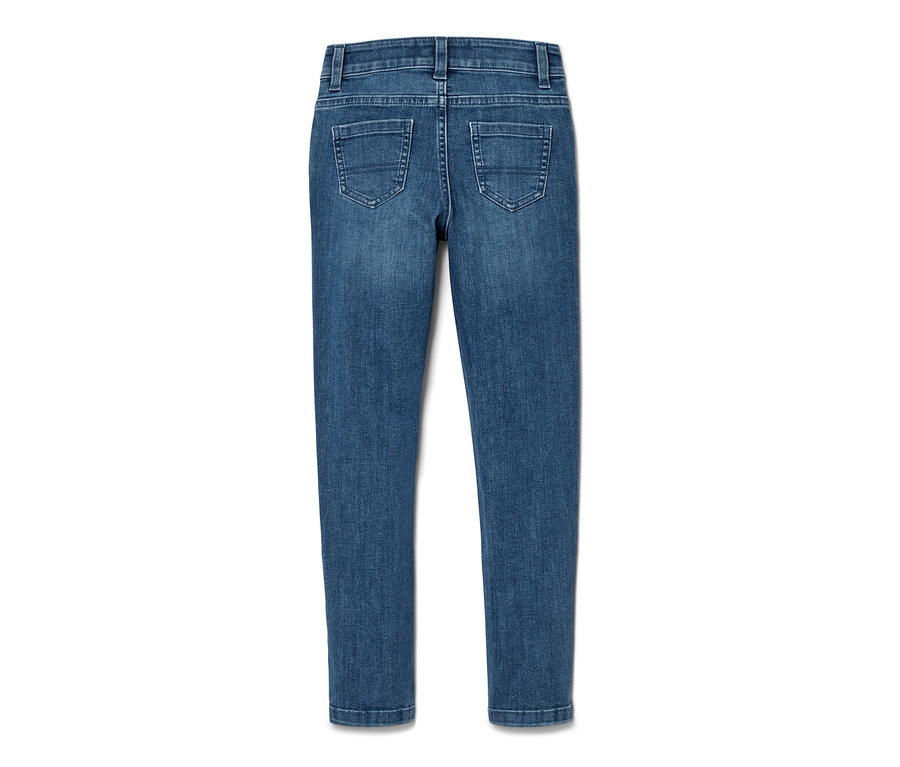 Vue détaillée de l'arrière d'un jean taille haute bleu pour enfant, coupe « Lotta ».