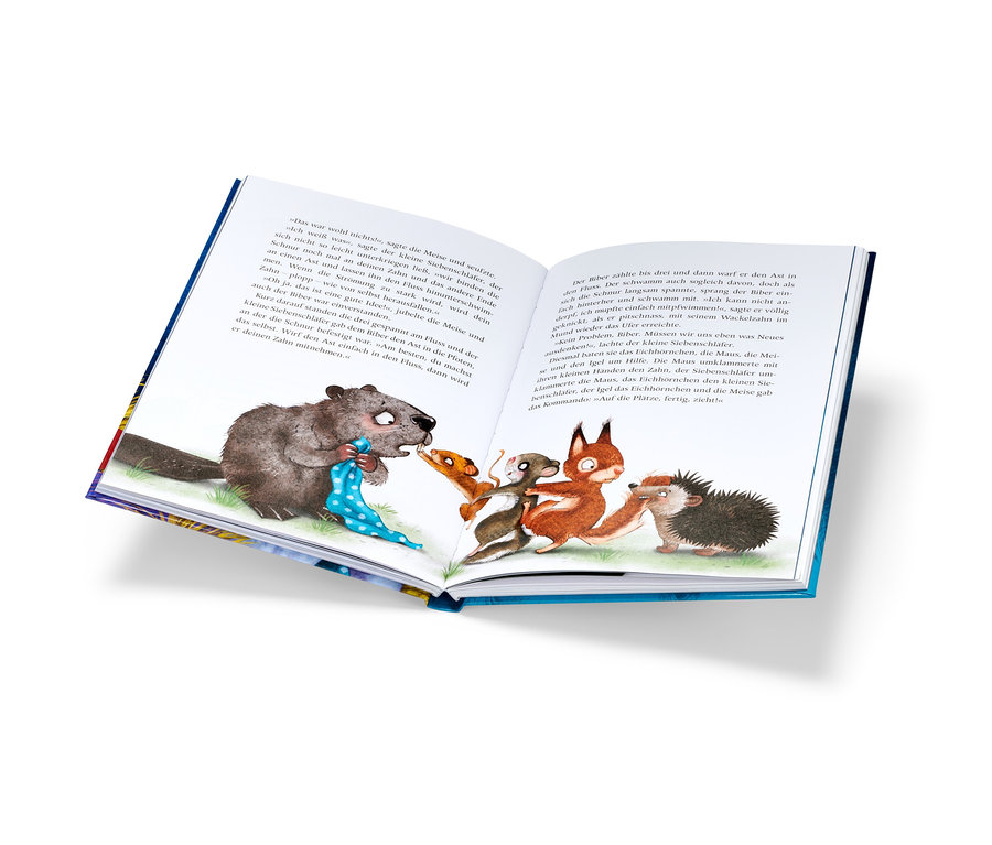 Livre ouvert avec illustration d'un castor et d'animaux.