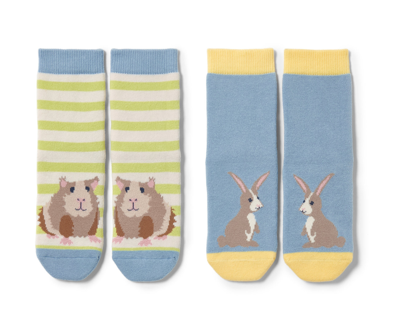 Deux paires de chaussettes antidérapantes pour tout-petit, une avec un cochon d'Inde et des rayures, l'autre avec un lapin.