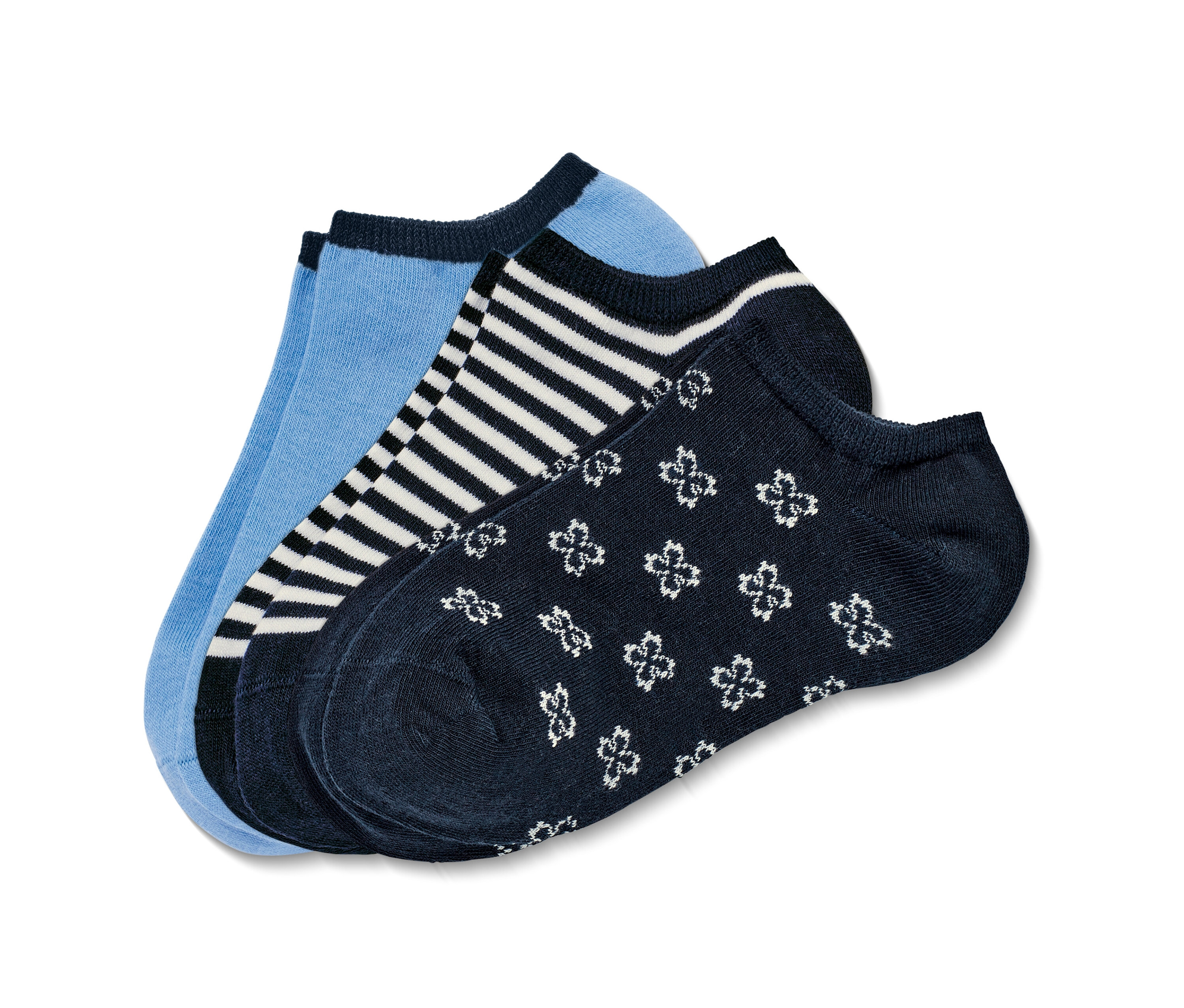 Trois paires de socquettes : bleu clair uni, rayées et à motif floral.