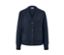 Veste en tricot bleu foncé avec laine, quatre boutons marron et deux poches.