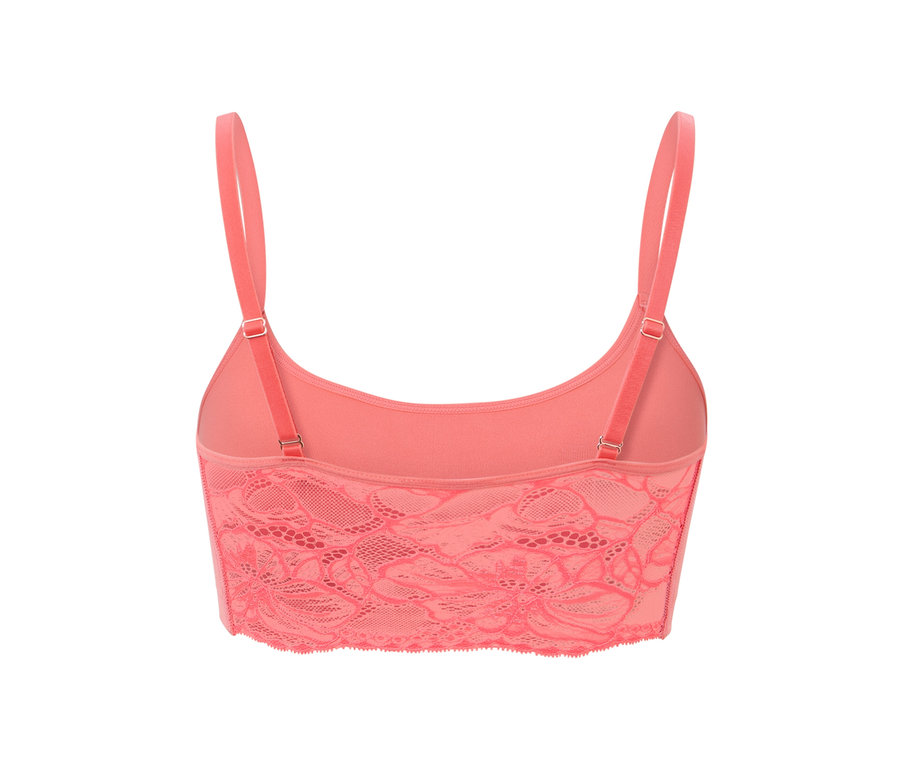 Vue détaillée de dos d'une brassière seamless avec dentelle, couleur papaye.