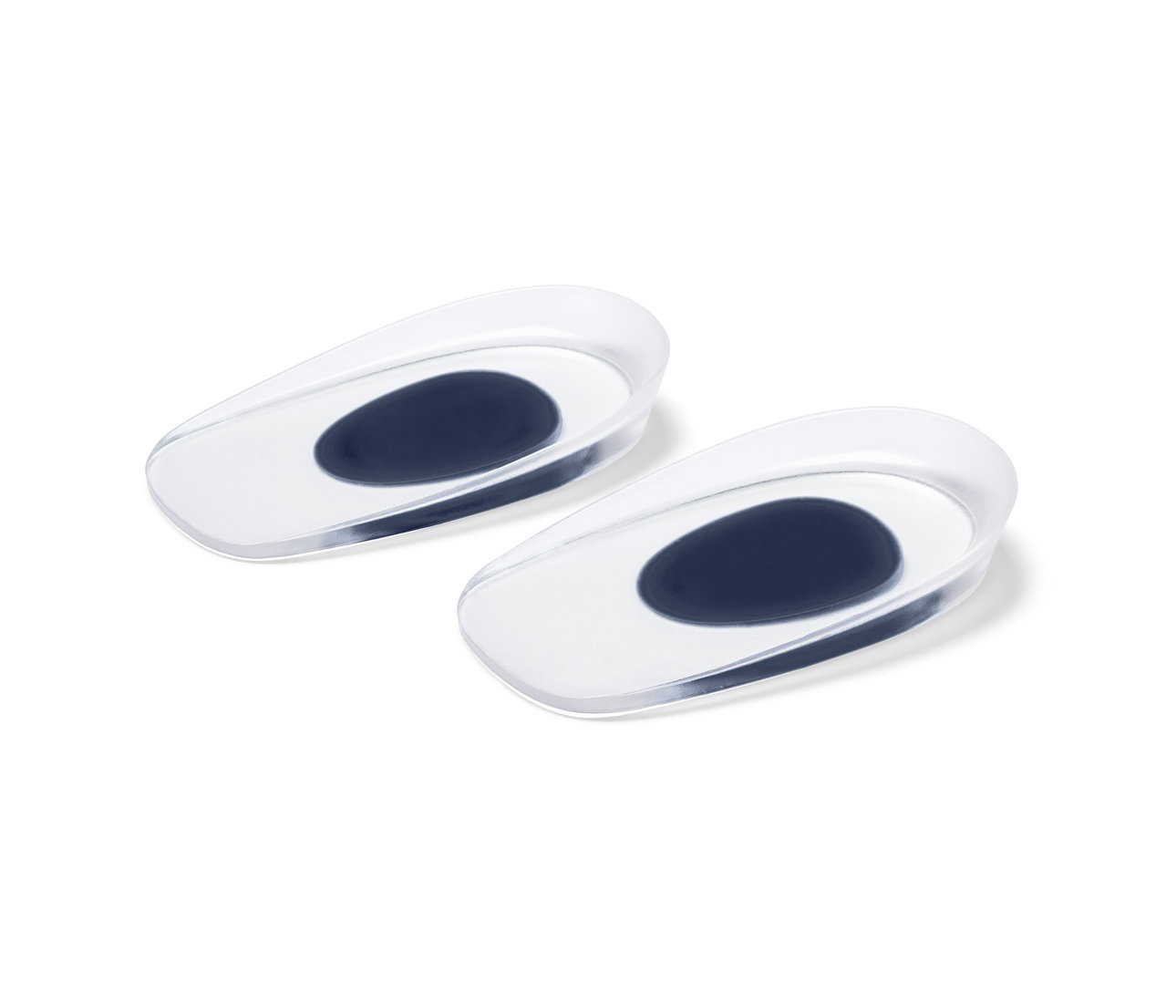Deux talonnettes transparentes avec un coussin ovale bleu foncé au milieu.