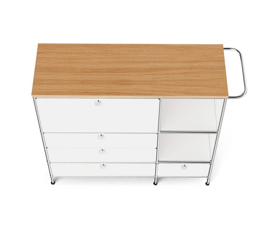 Meuble en métal blanc « CN3 » avec plateau en bois, un abattant et quatre tiroirs.