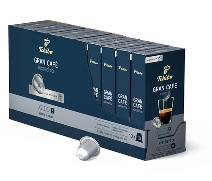 Un paquet de capsules Gran Café Ristretto de Tchibo. Une tasse de café est illustrée sur l'emballage.