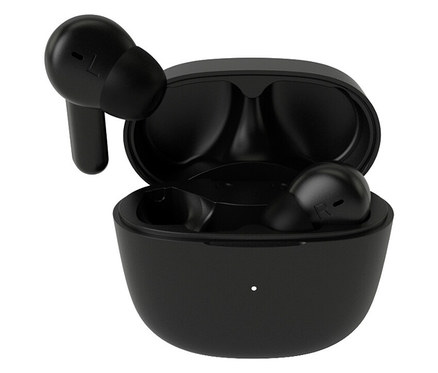 Écouteurs intra-auriculaires Philips TWS « TAT2206 » noirs et étui de chargement sur fond blanc.