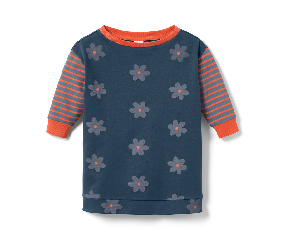 Sweat long pour tout-petits bleu marine avec motif floral et manches rayées.