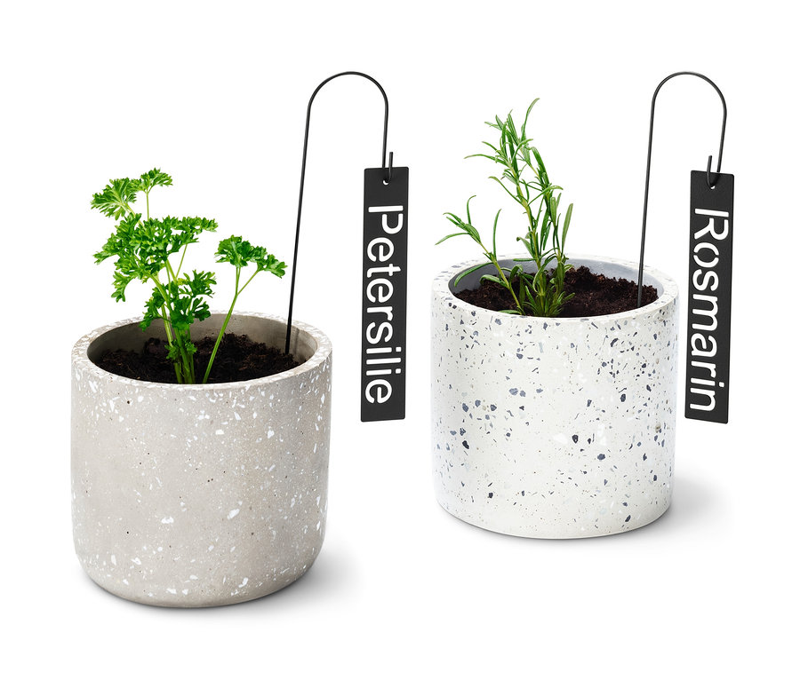Deux pots d'herbes avec des étiquettes Kräuterschilder.
