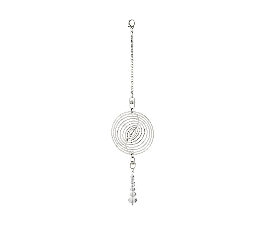 Carillon éolien en métal avec un motif circulaire et des perles de cristal.