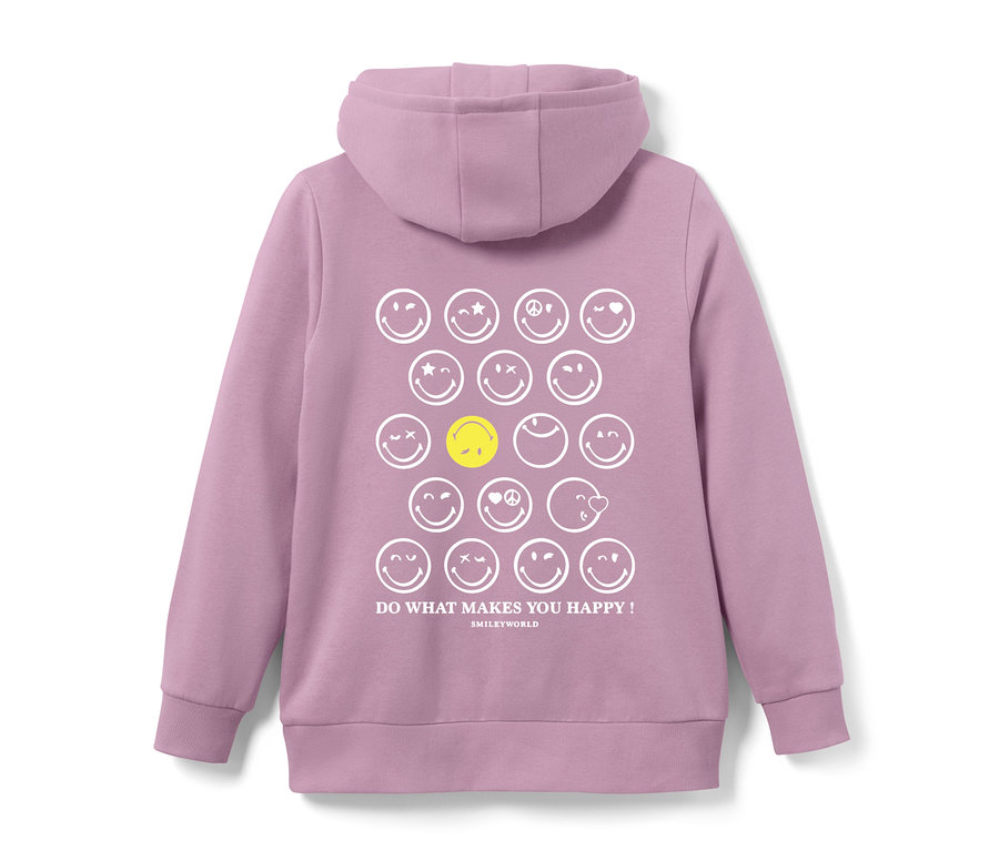 Vue arrière du sweatshirt à capuche violet pour enfant « Smiley » avec motif de smiley.
