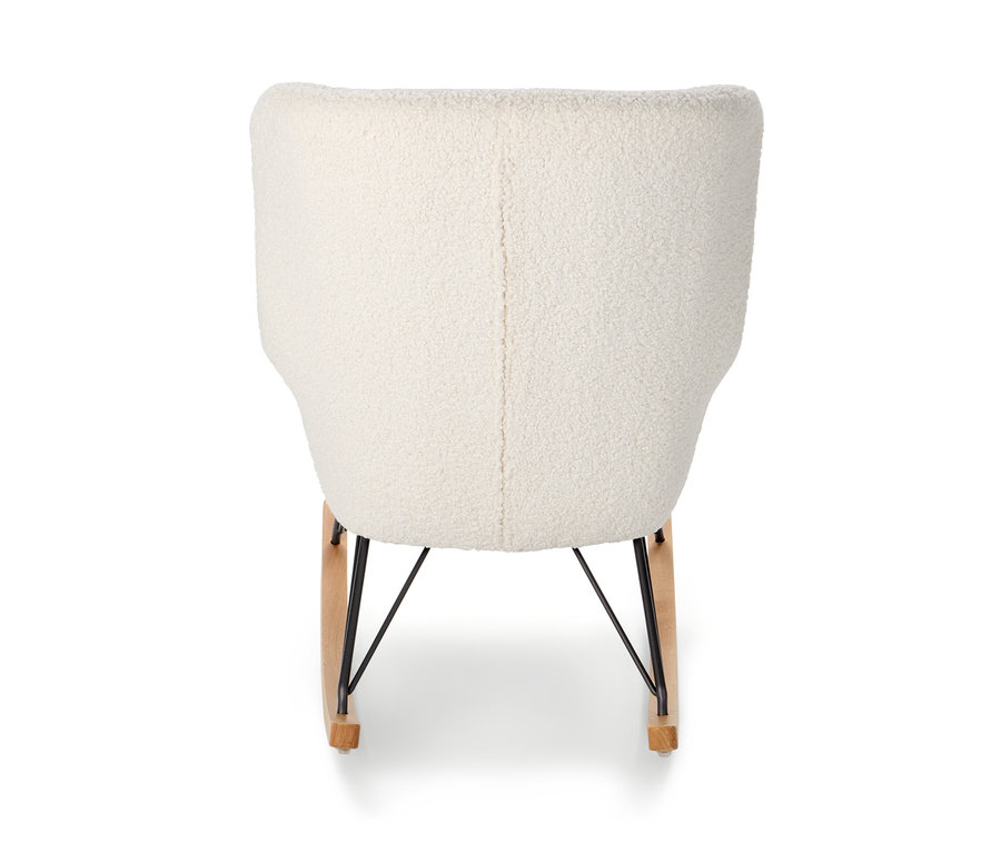 Vue arrière d'une chaise à bascule en tissu bouclette.
