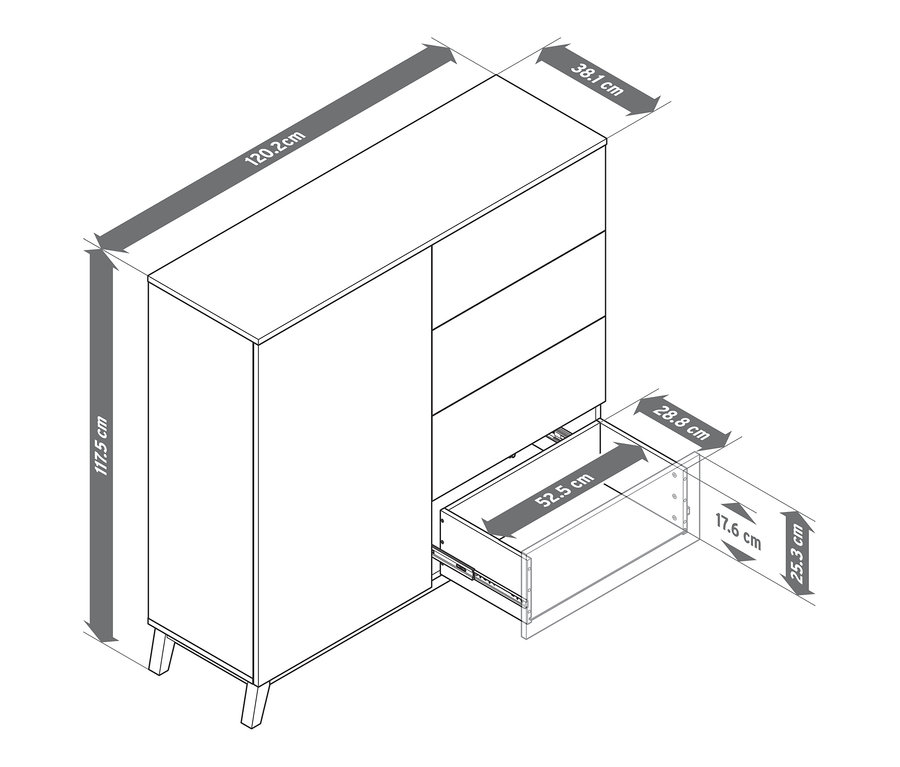 Schéma d'une commode avec un tiroir ouvert et des dimensions mises en évidence.