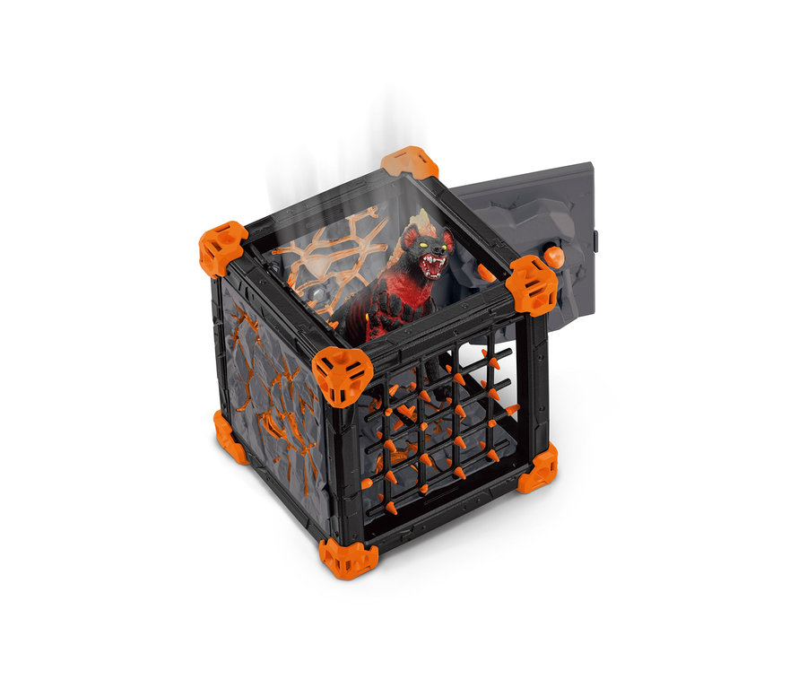La hyène de lave BattleCave Eldrador de Schleich dans une cage noire aux coins orange.