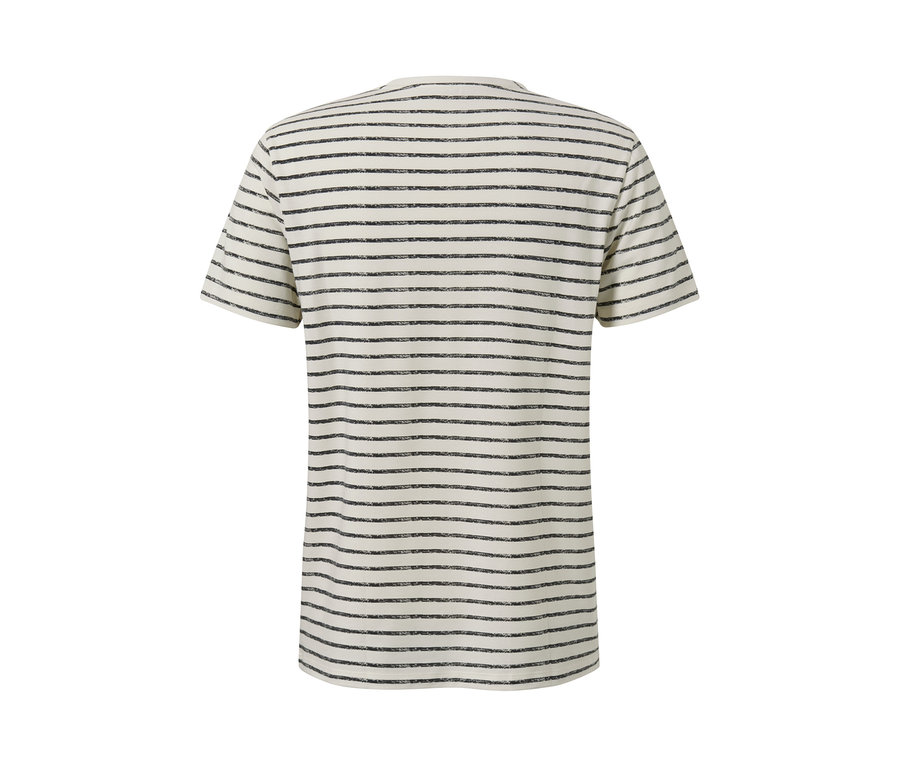 Vue arrière d'un t-shirt fonctionnel à rayures horizontales crème et anthracite.
