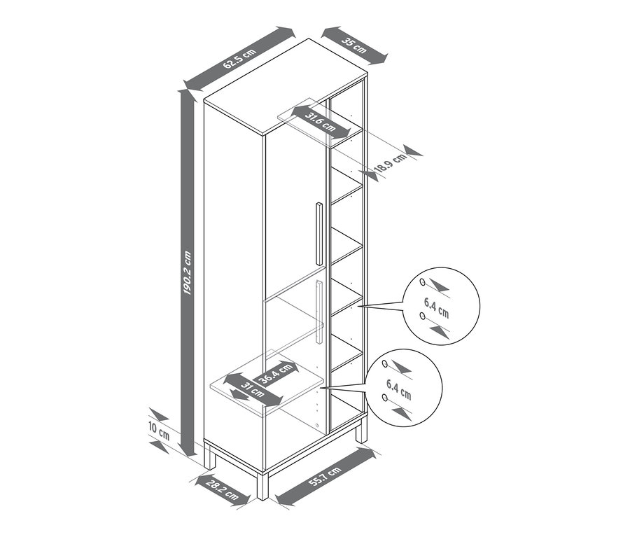 Schéma d'une armoire haute de salle de bains « Eklund » avec des casiers sur le côté et les dimensions correspondantes.