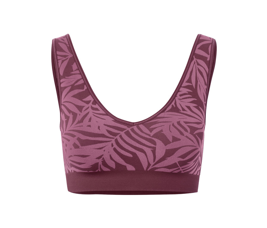 Brassière de sport Seamless prune avec motif de feuilles.