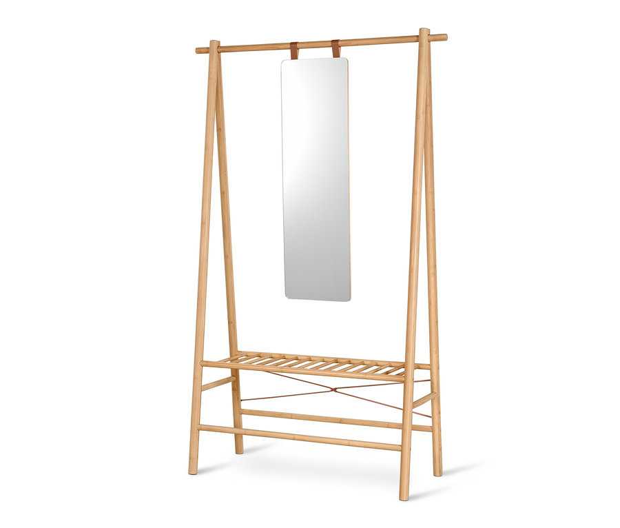 Miroir autoportant avec cadre en bois et étagère inférieure.